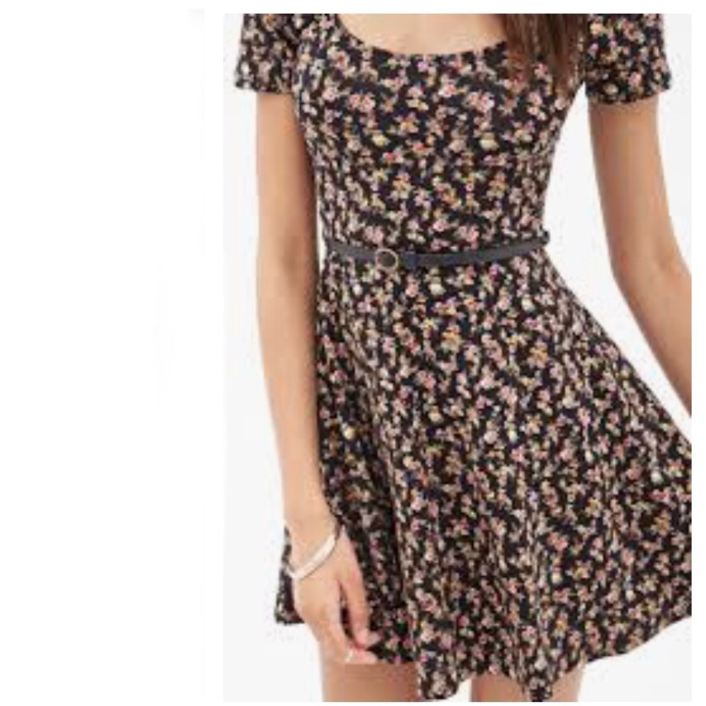 Black Floral Skater Fit Belt Dress